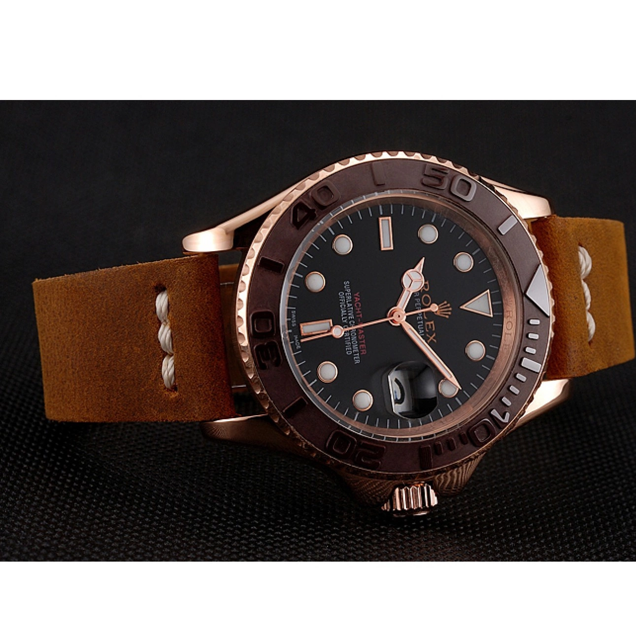 Aaa replica Gold Brown Yacht Bezel Black Dial 1453860 Case Rolex Rose Master Leather Brown Bracelet 0712